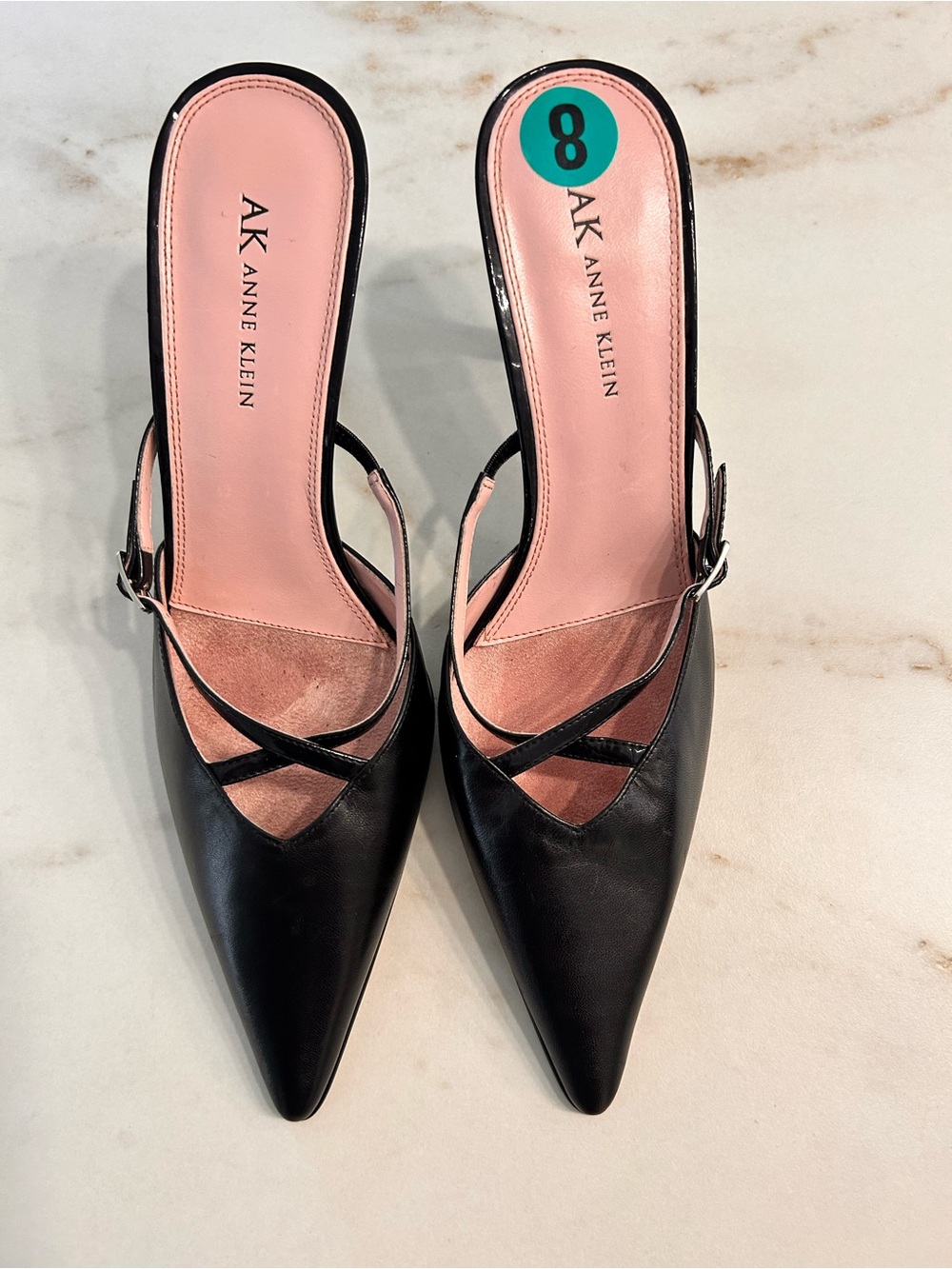 Anne Klein Black Pointed-Toe Slingback Mules with Pink Insole